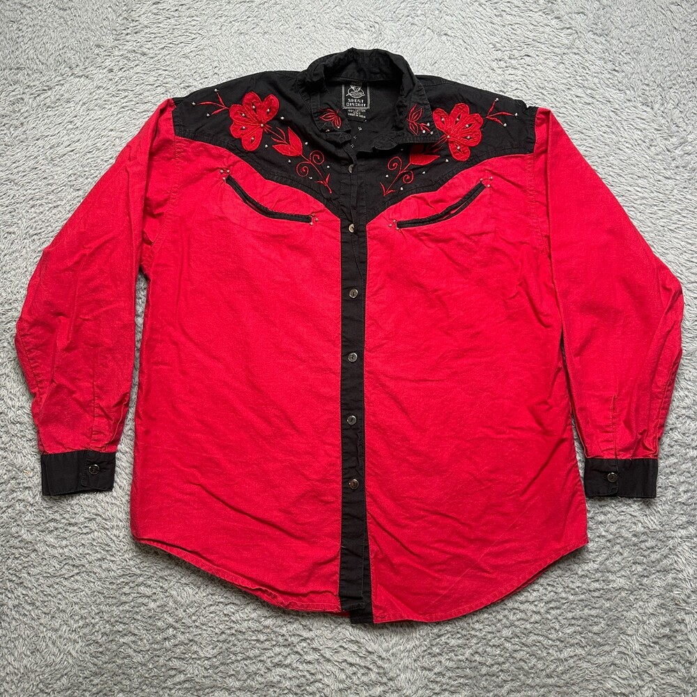 Vintage Western Shirt Womens L Black Red Embroidered Rodeo Square Dance